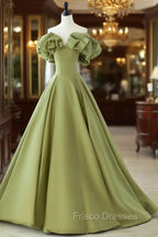 Green A-Line Satin Long Formal Prom Dress, Green Formal Evening Dress