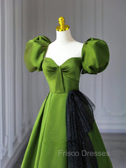Green A-Line Satin Sweetheart Short Sleeves Party Dress, Green Long Formal Prom Dress