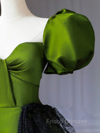 Green A-Line Satin Sweetheart Short Sleeves Party Dress, Green Long Formal Prom Dress
