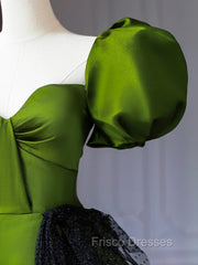 Green A-Line Satin Sweetheart Short Sleeves Party Dress, Green Long Formal Prom Dress