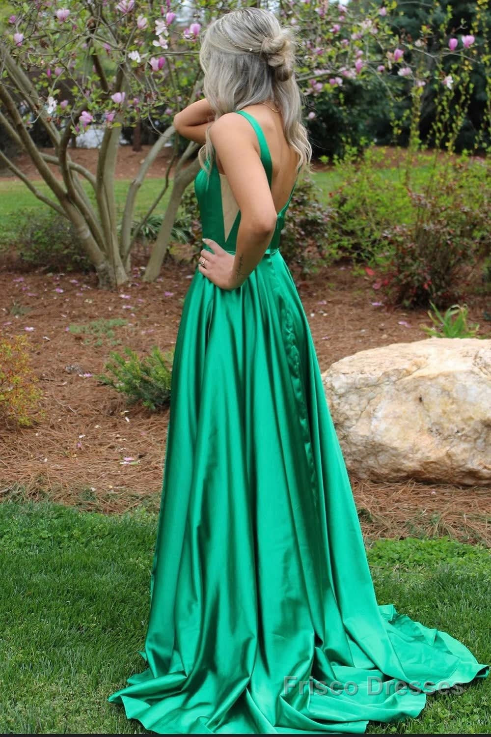 Green A-Line Satin V-Neck Prom Dress with Slit Secondary image