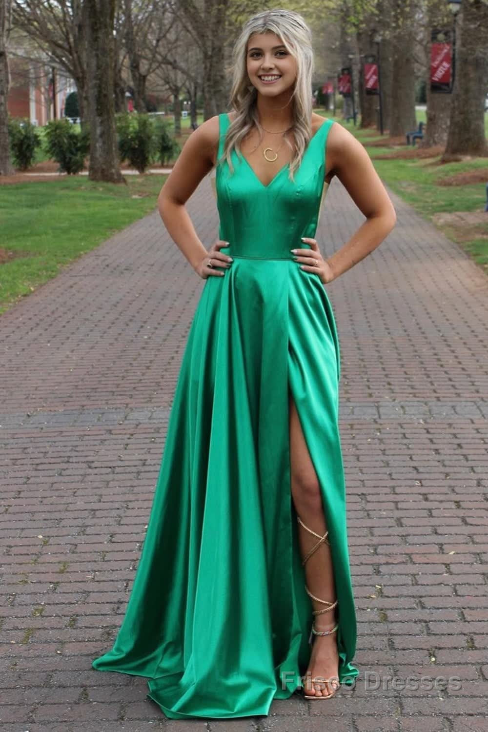 Green A-Line Satin V-Neck Prom Dress with Slit Main image