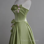Green A-line Satin with Flowers Long Evening Dress, Green Satin Formal Prom Dress