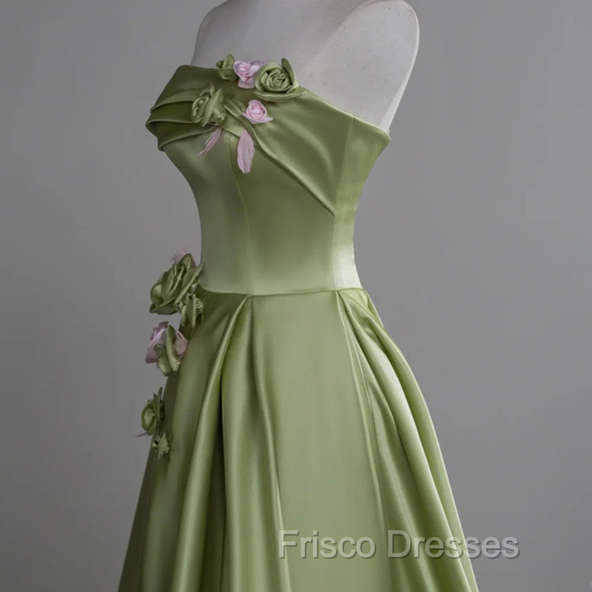 Green A-line Satin with Flowers Long Evening Dress, Green Satin Formal Prom Dress
