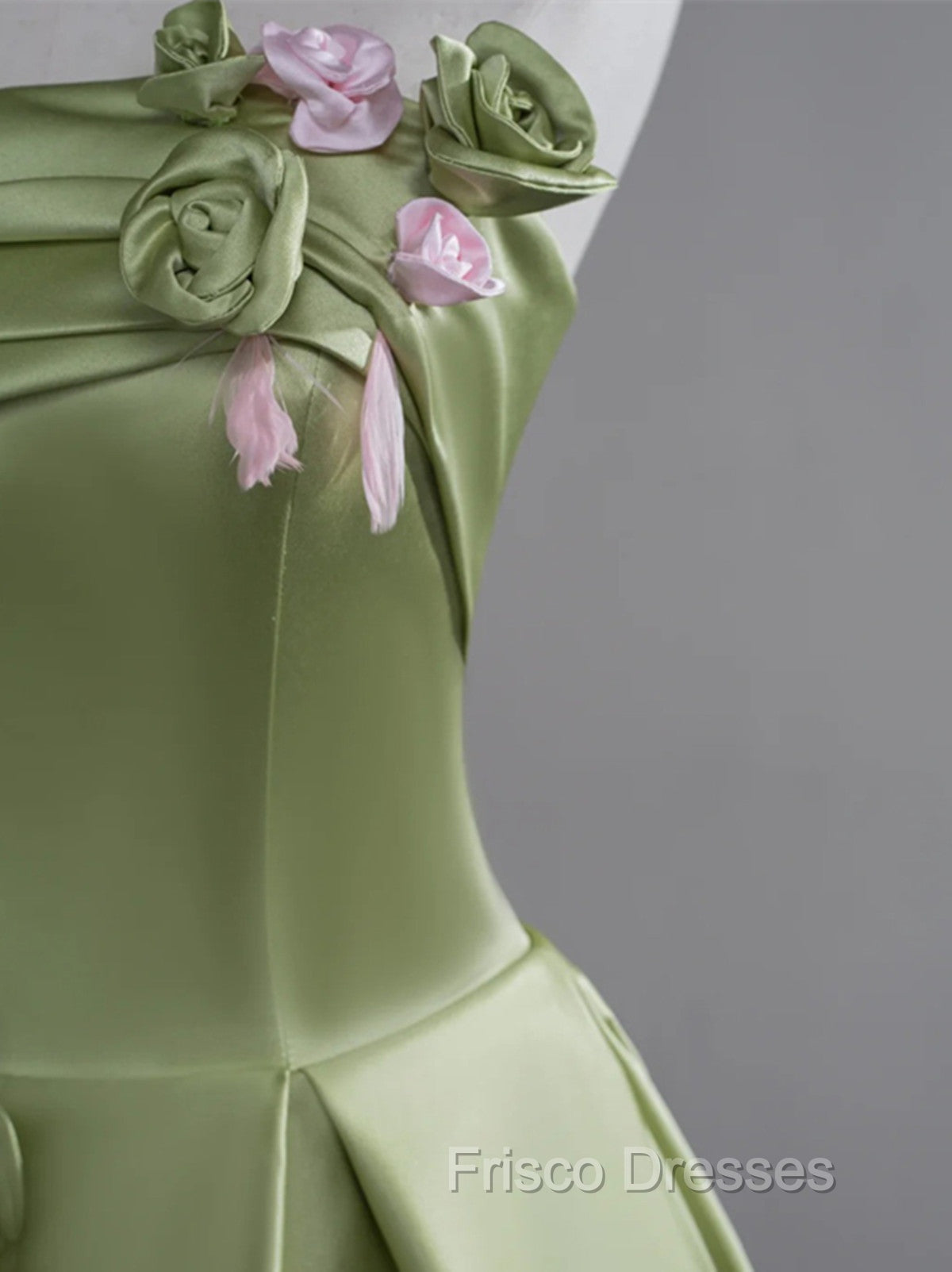 Green A-line Satin with Flowers Long Evening Dress, Green Satin Formal Prom Dress