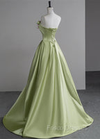 Green A-line Satin with Flowers Long Evening Dress, Green Satin Formal Prom Dress