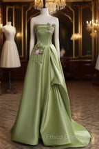 Green A-line Satin with Flowers Long Evening Dress, Green Satin Formal Prom Dress