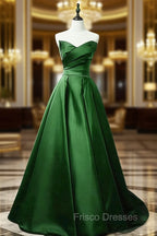 Green A-line Simple Satin Long Party Dress, Green Satin Formal Prom Dress