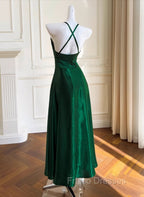 Green A-line Soft Satin Cross Back Evening Dress, Green Formal Prom Dress Party Dress