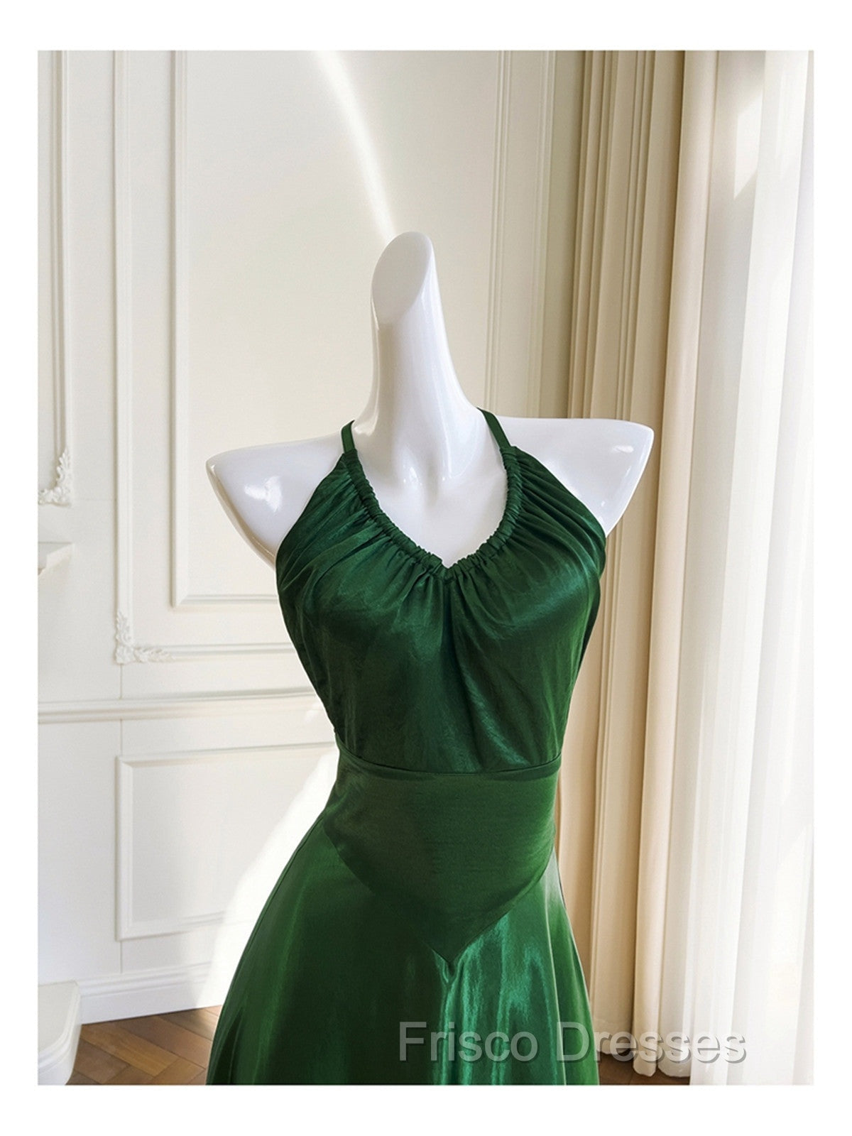 Green A-line Soft Satin Cross Back Evening Dress, Green Formal Prom Dress Party Dress