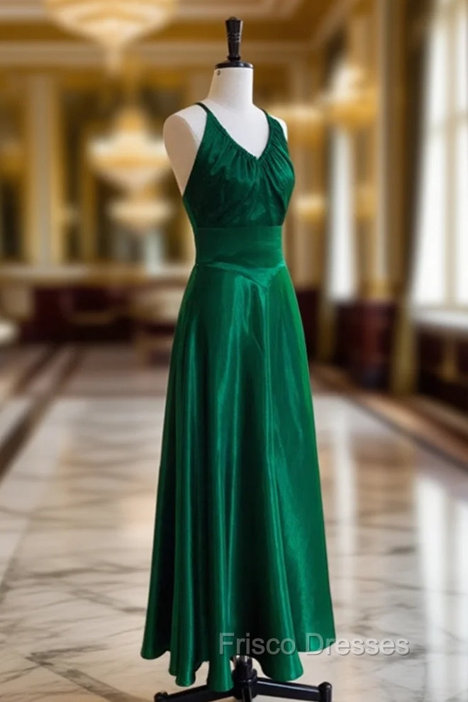 Green A-line Soft Satin Cross Back Evening Dress, Green Formal Prom Dress Party Dress Main image