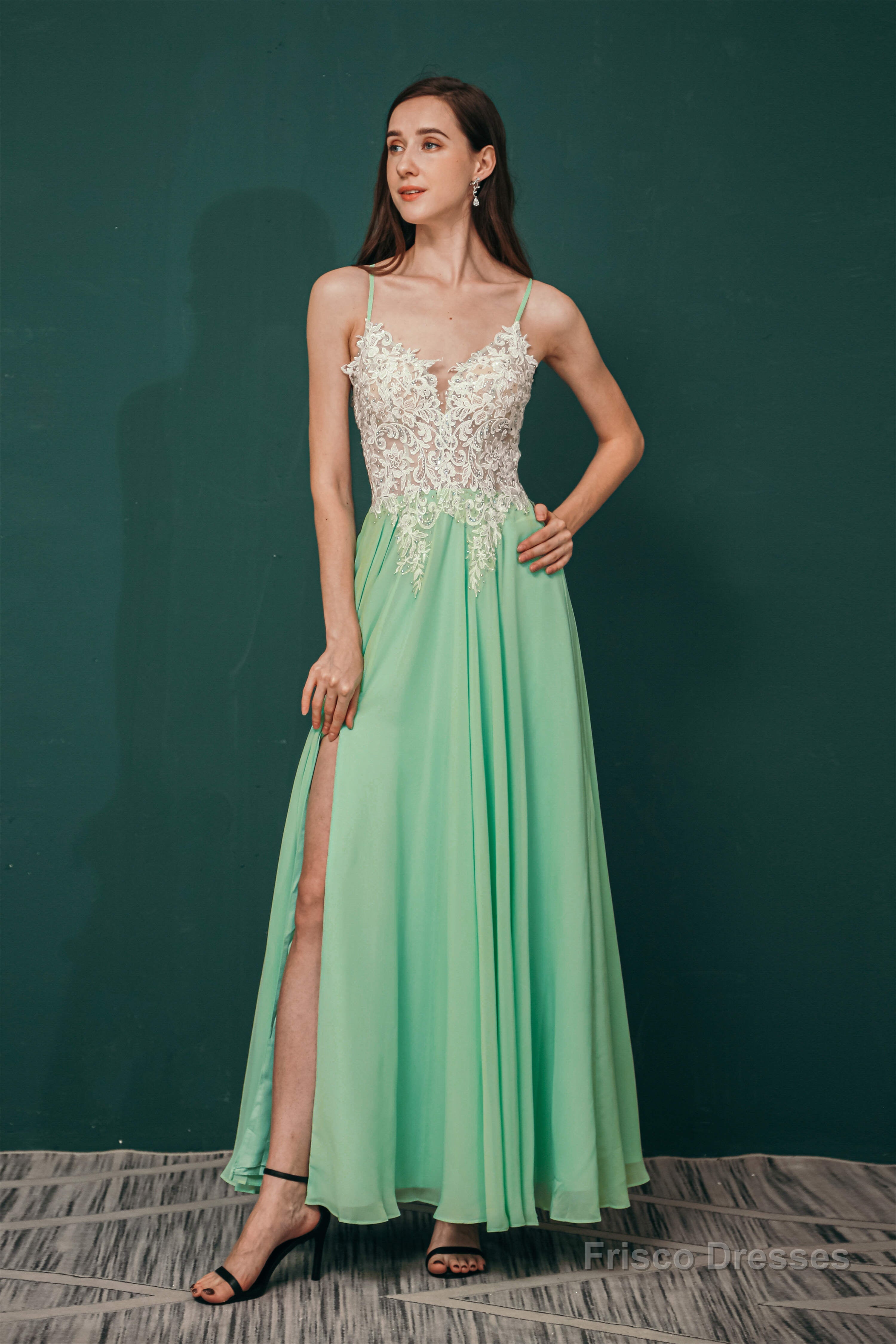 A-line Spaghetti Straps Side Split Long Prom Dresses
