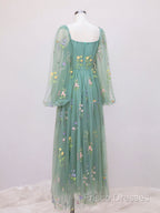 Green A-Line Sweetheart Green Tulle Lace Long Formal Prom Dress, Green Formal Dress