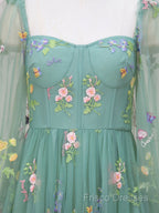 Green A-Line Sweetheart Green Tulle Lace Long Formal Prom Dress, Green Formal Dress