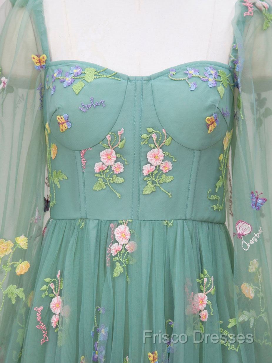 Green A-Line Sweetheart Green Tulle Lace Long Formal Prom Dress, Green Formal Dress