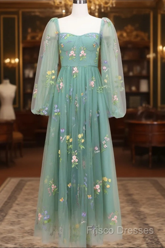Green A-Line Sweetheart Green Tulle Lace Long Formal Prom Dress, Green Formal Dress