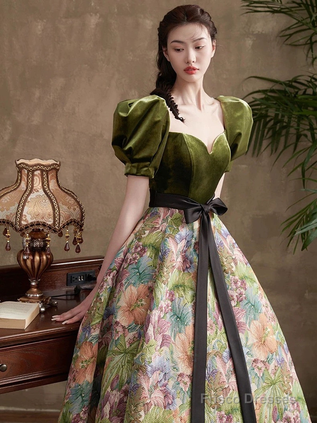 Green A-line Sweetheart Long Prom Dress Evening Dress, Green Floral Party Dress Secondary image