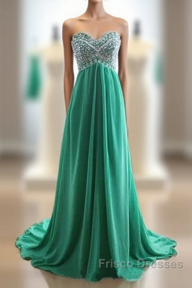 Green A-Line Sweetheart Neck Chiffon Long Formal Prom Dress, Evening Dress Main image