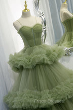 Green A-line Sweetheat Pleated Tulle Formal Prom Dress