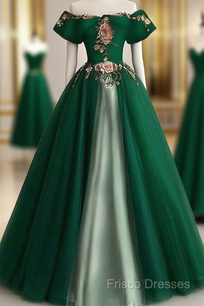 Green A-Line Tulle And Satin Long Formal Dress, Green Party Dress Formal Prom Dress Main image