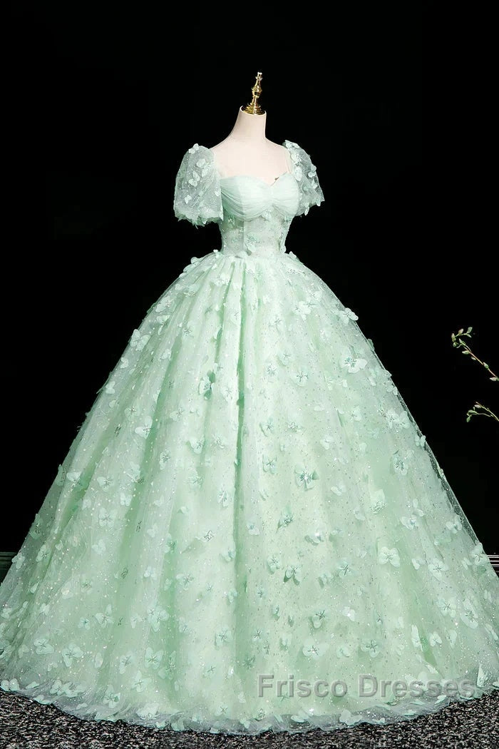 Green A-Line Tulle Beaded Sequin Long Formal Prom Dress, Beautiful 3D Butterfly Evening Dress Secondary image