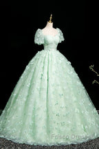 Green A-Line Tulle Beaded Sequin Long Formal Prom Dress, Beautiful 3D Butterfly Evening Dress