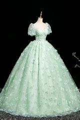 Green A-Line Tulle Beaded Sequin Long Prom Dress, Beautiful 3D Butterfly Evening Dress