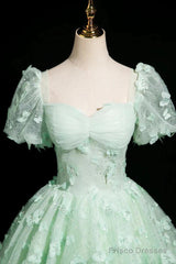 Green A-Line Tulle Beaded Sequin Long Prom Dress, Beautiful 3D Butterfly Evening Dress