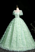 Green A-Line Tulle Beaded Sequin Long Formal Prom Dress, Beautiful 3D Butterfly Evening Dress