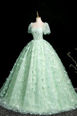 Green A-Line Tulle Beaded Sequin Long Prom Dress, Beautiful 3D Butterfly Evening Dress