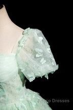 Green A-Line Tulle Beaded Sequin Long Formal Prom Dress, Beautiful 3D Butterfly Evening Dress