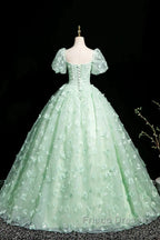 Green A-Line Tulle Beaded Sequin Long Formal Prom Dress, Beautiful 3D Butterfly Evening Dress