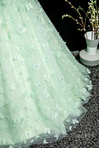 Green A-Line Tulle Beaded Sequin Long Formal Prom Dress, Beautiful 3D Butterfly Evening Dress