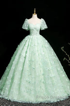 Green A-Line Tulle Beaded Sequin Long Formal Prom Dress, Beautiful 3D Butterfly Evening Dress