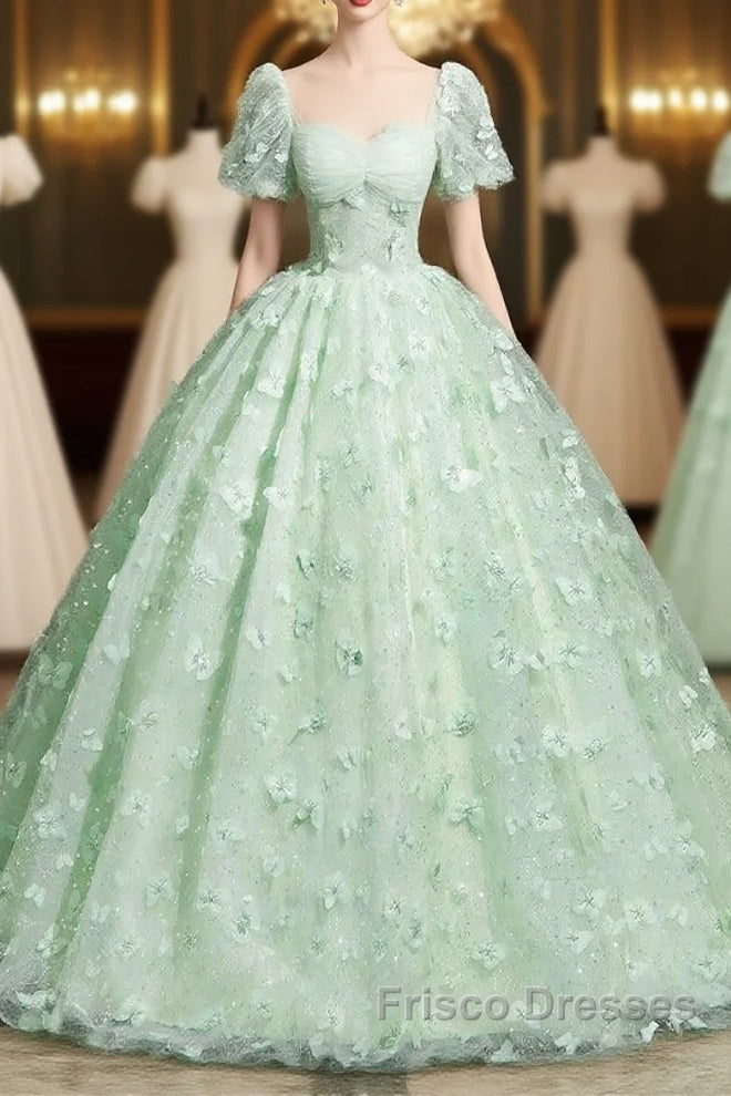 Green A-Line Tulle Beaded Sequin Long Formal Prom Dress, Beautiful 3D Butterfly Evening Dress Main image