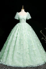 Green A-Line Tulle Beaded Sequin Long Prom Dress, Beautiful 3D Butterfly Evening Dress
