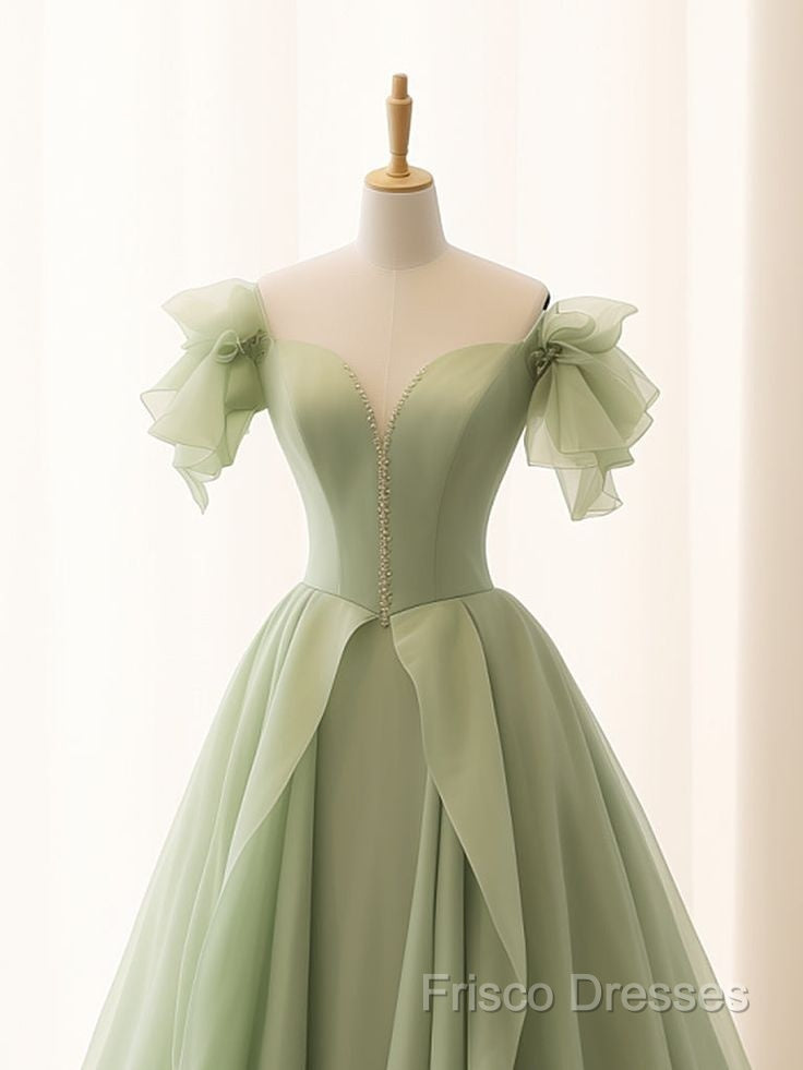 Green A Line Tulle Long Formal Prom Dress V Neck Long Formal Dress