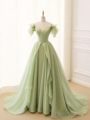 Green A Line Tulle Long Prom Dress V Neck Long Formal Dress