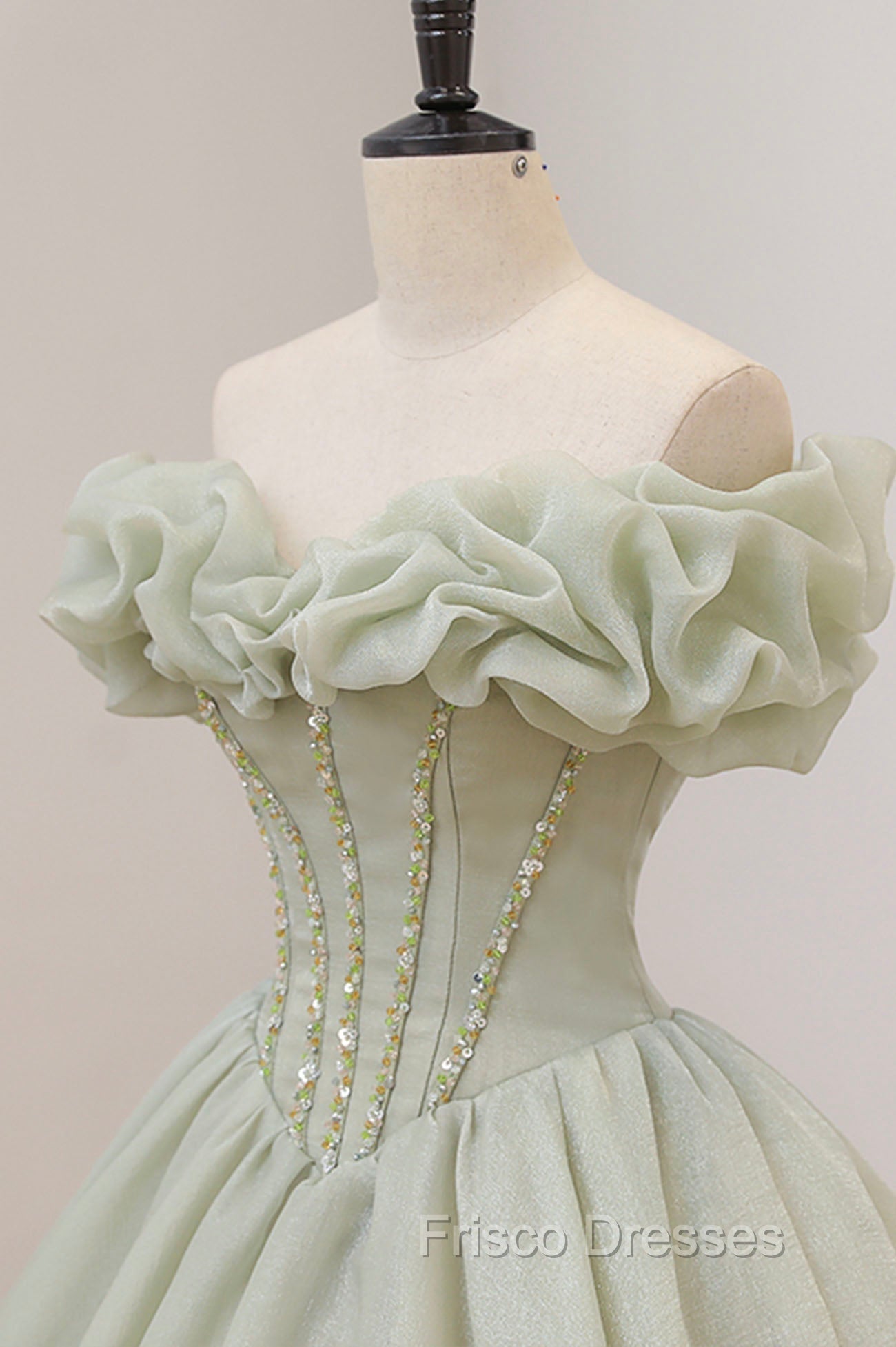 Green A-Line Tulle Long Formal Prom Dress with Beaded, Off the Shoulder Evening Dress