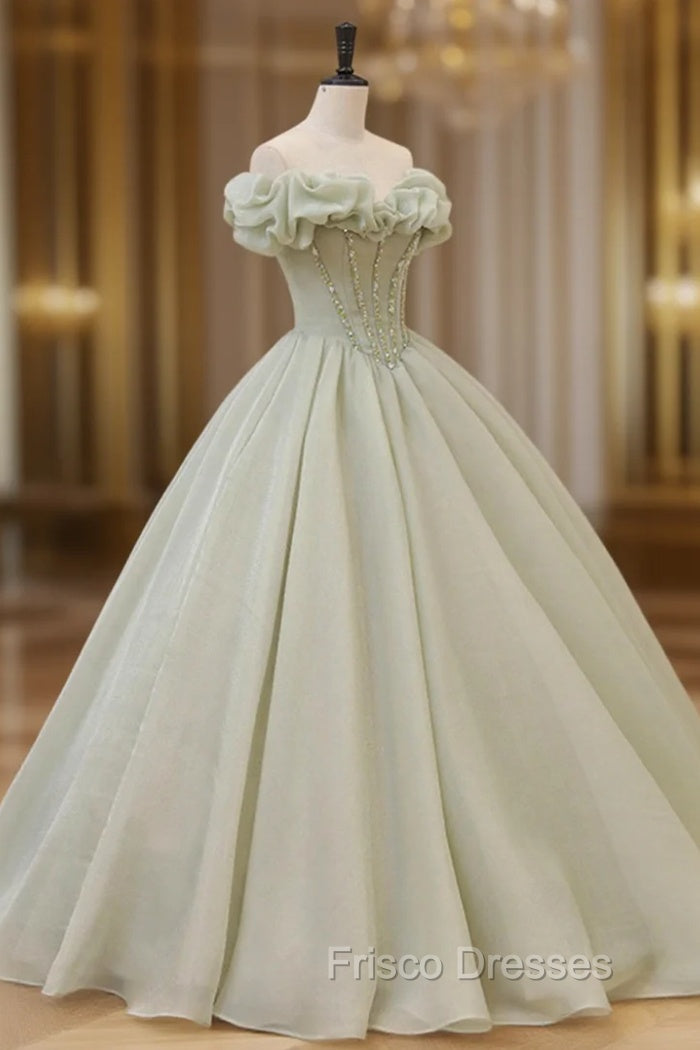 Green A-Line Tulle Long Formal Prom Dress with Beaded, Off the Shoulder Evening Dress Main image