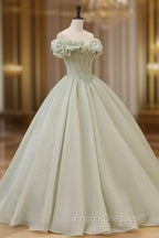 Green A-Line Tulle Long Formal Prom Dress with Beaded, Off the Shoulder Evening Dress