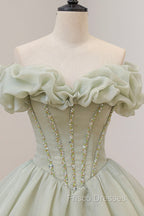 Green A-Line Tulle Long Formal Prom Dress with Beaded, Off the Shoulder Evening Dress
