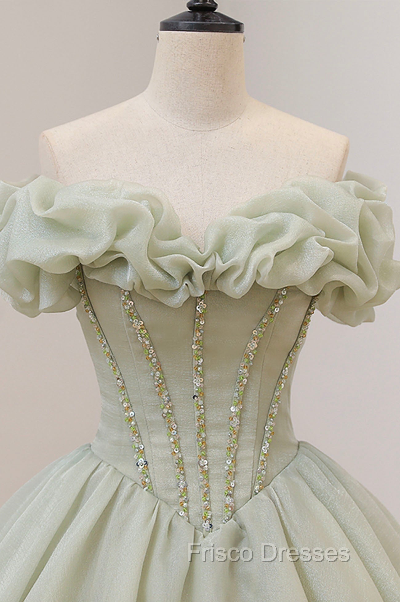 Green A-Line Tulle Long Formal Prom Dress with Beaded, Off the Shoulder Evening Dress