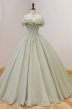 Green A-Line Tulle Long Formal Prom Dress with Beaded, Off the Shoulder Evening Dress