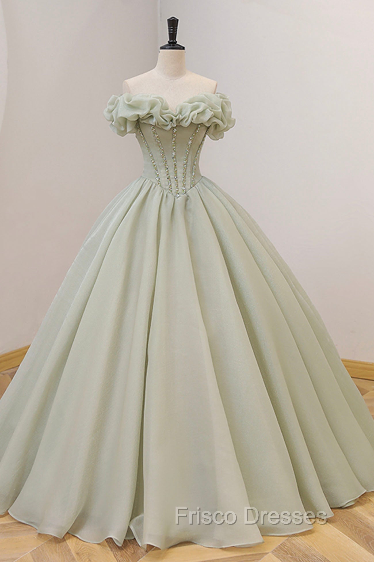 Green A-Line Tulle Long Formal Prom Dress with Beaded, Off the Shoulder Evening Dress