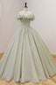 Green A-Line Tulle Long Formal Prom Dress with Beaded, Off the Shoulder Evening Dress
