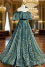 Green A line Tulle Long Formal Prom Dress, Green Graduation Dress