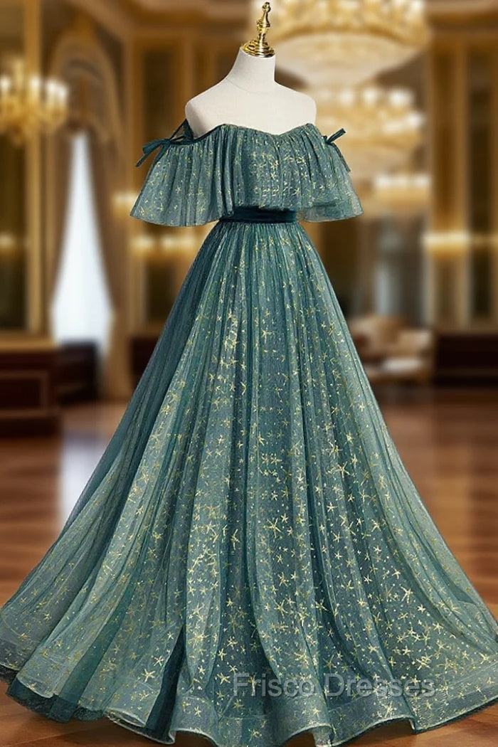 Green A line Tulle Long Formal Prom Dress, Green Graduation Dress