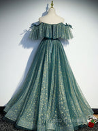 Green A line Tulle Long Formal Prom Dress, Green Graduation Dress