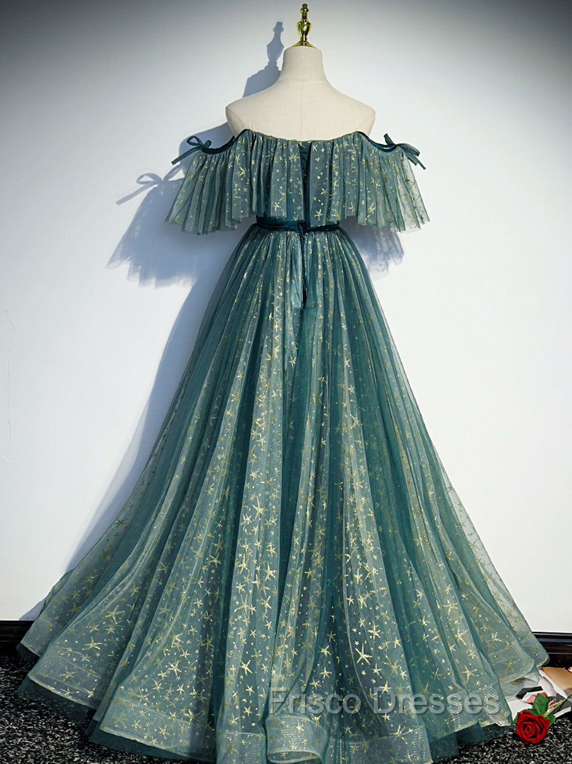 Green A line Tulle Long Formal Prom Dress, Green Graduation Dress